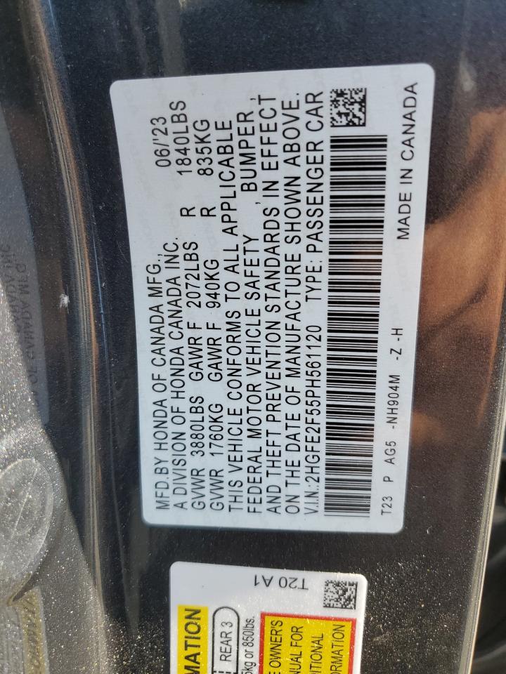 2023 Honda Civic VIN 2HGFE2F55PH561120 Copart auction photo, hail damage thumbnail 12