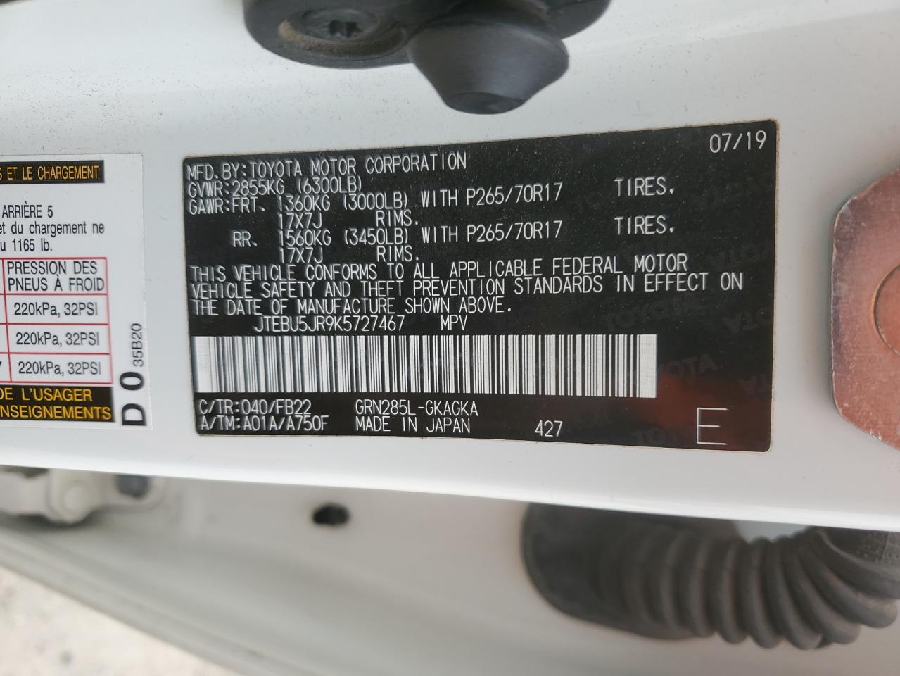 2019 Toyota 4Runner VIN JTEBU5JR9K5727467 Copart auction photo, rear end damage thumbnail 15