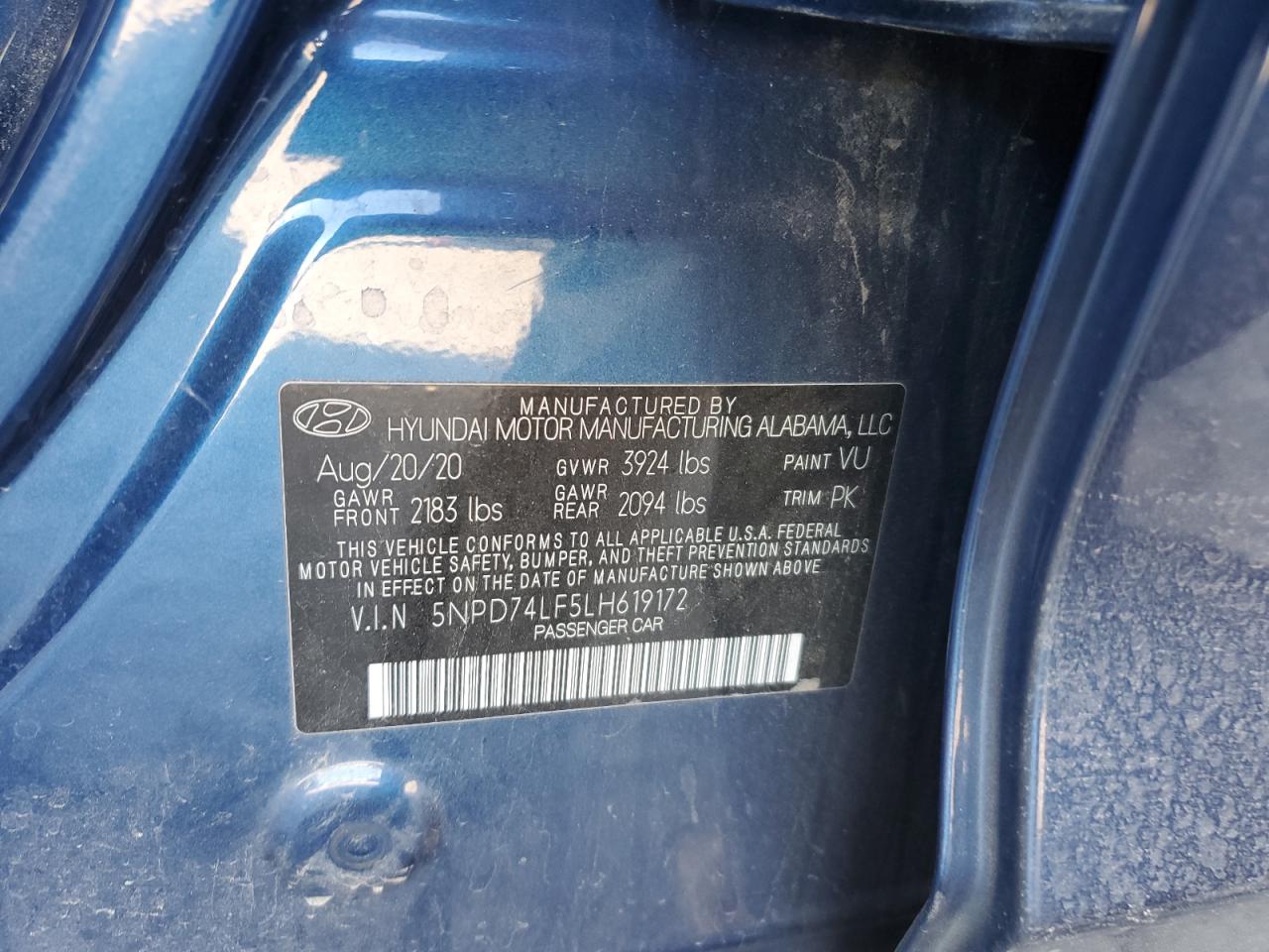2020 Hyundai Elantra VIN 5NPD74LF5LH619172 Copart auction photo, rear end damage thumbnail 15