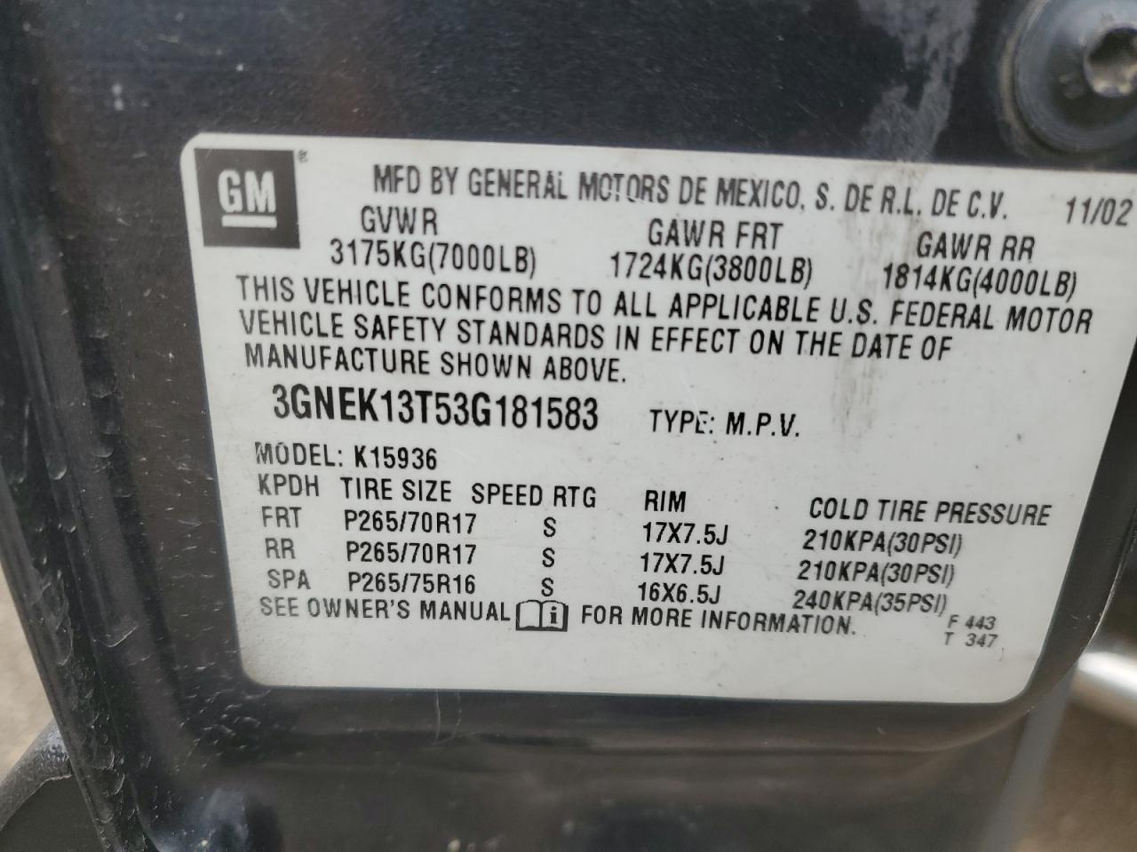 2003 Chevrolet Avalanche VIN 3GNEK13T53G181583 Copart auction photo, hail / front end damage thumbnail 12