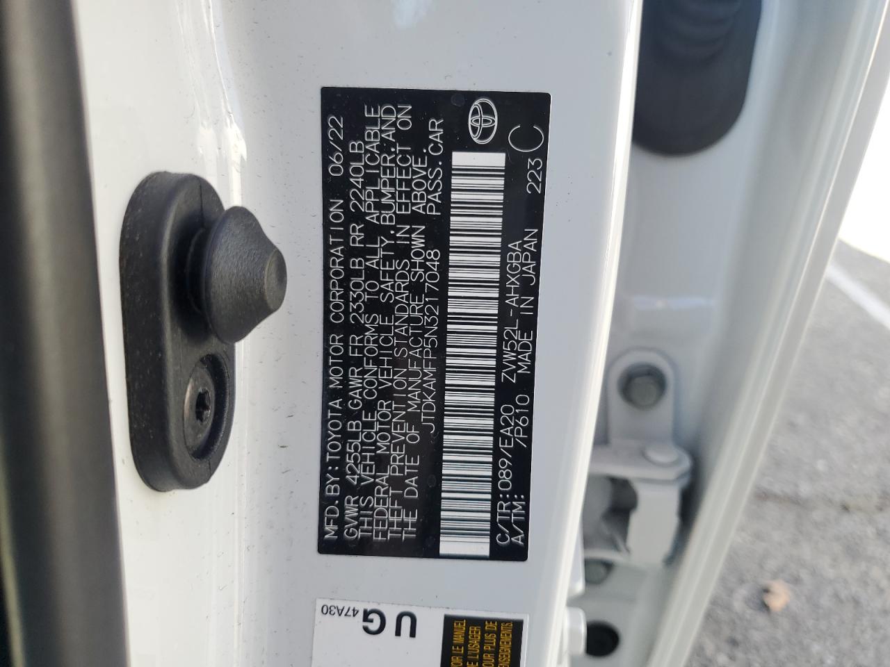 2022 Toyota Prius VIN JTDKAMFP5N3217048 Copart auction photo, rear end damage thumbnail 12