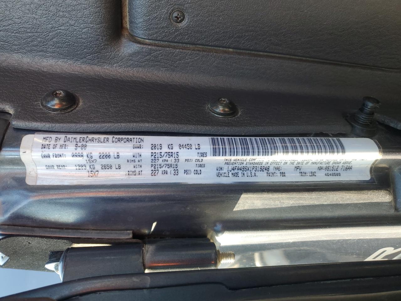 2001 Jeep Wrangler VIN 1J4FA49SX1P319248 Copart auction photo, front end / rear end damage thumbnail 13