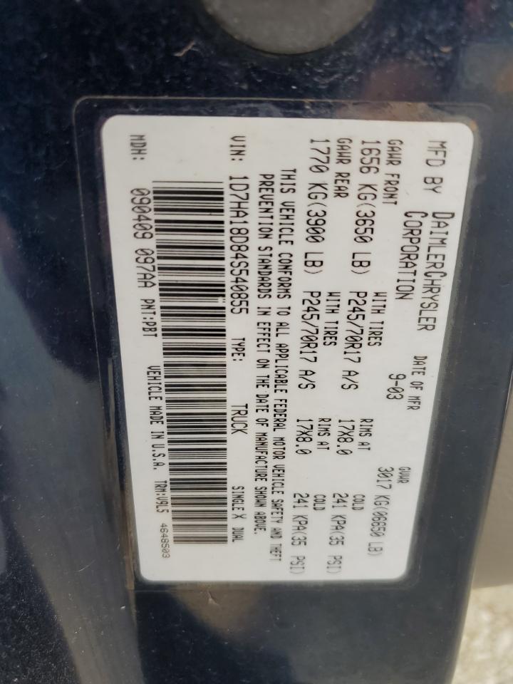 2004 Dodge RAM VIN 1D7HA18D84S540855 Copart auction photo, front end damage thumbnail 14