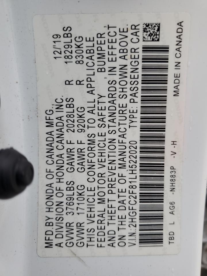 2020 Honda Civic VIN 2HGFC2F81LH522020 Copart auction photo, front end damage thumbnail 12