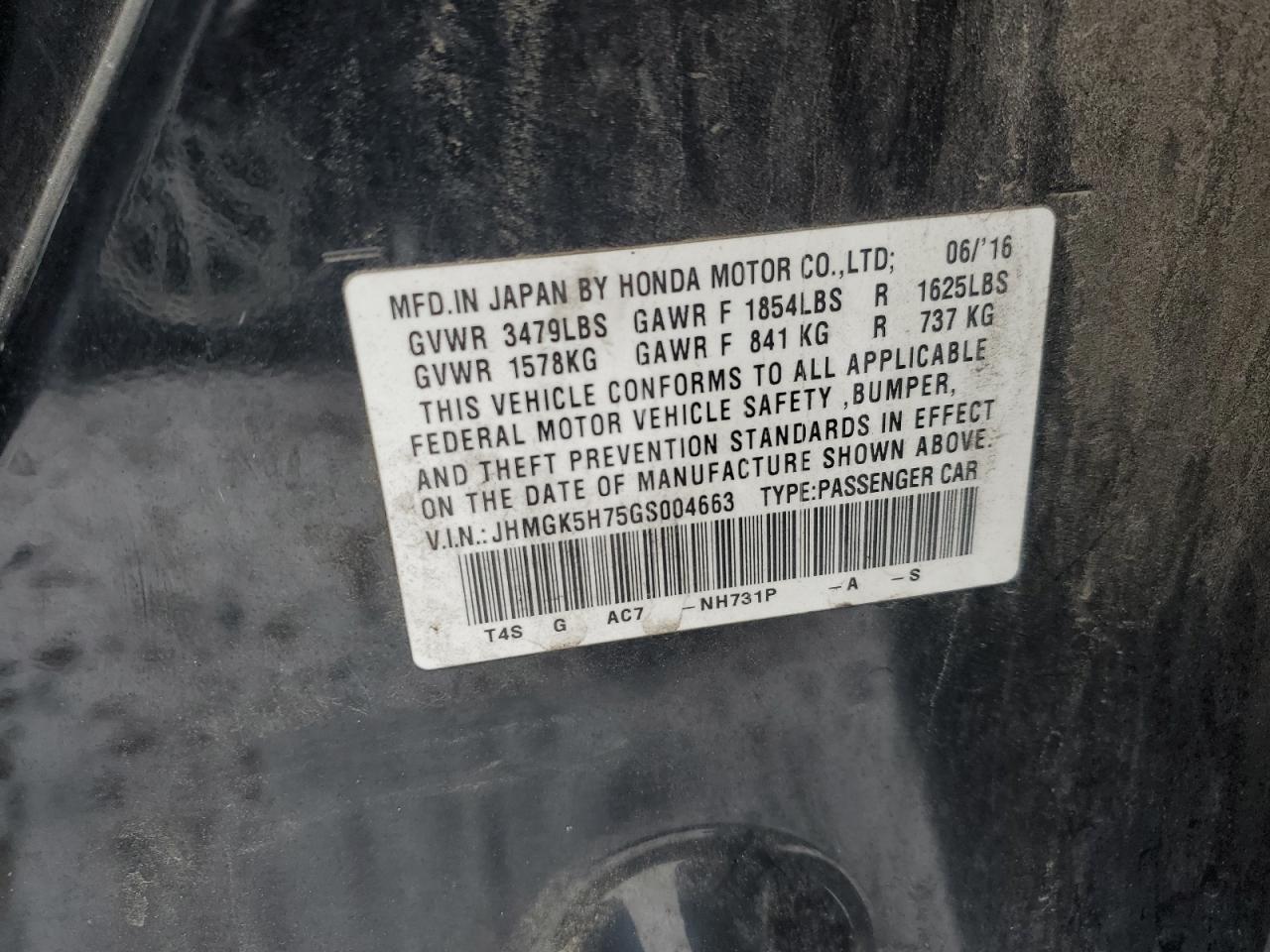 2016 Honda Fit VIN JHMGK5H75GS004663 Copart auction photo, all over damage thumbnail 12