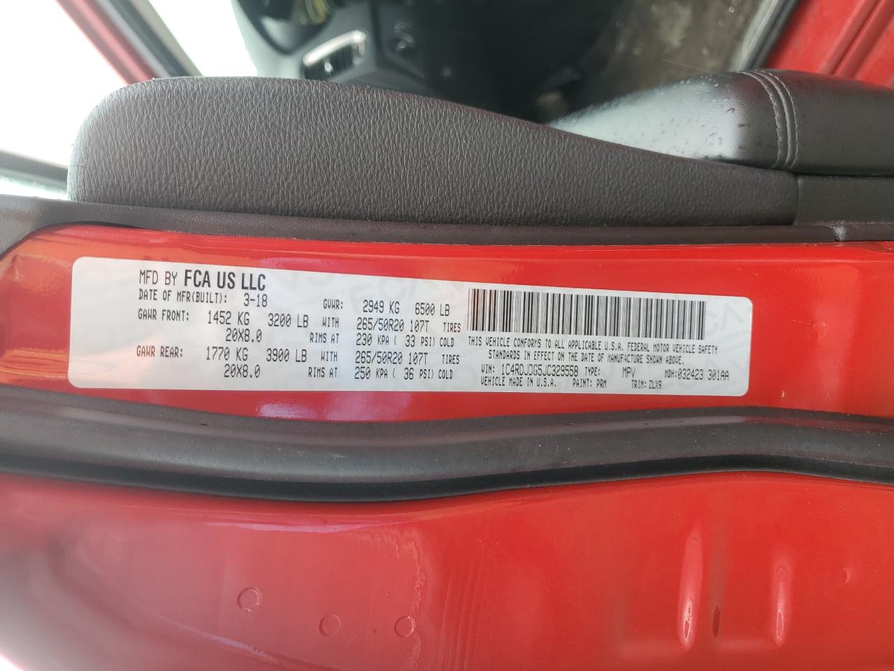 2018 Dodge Durango VIN 1C4RDJDG5JC329558 Copart auction photo, mechanical damage thumbnail 14