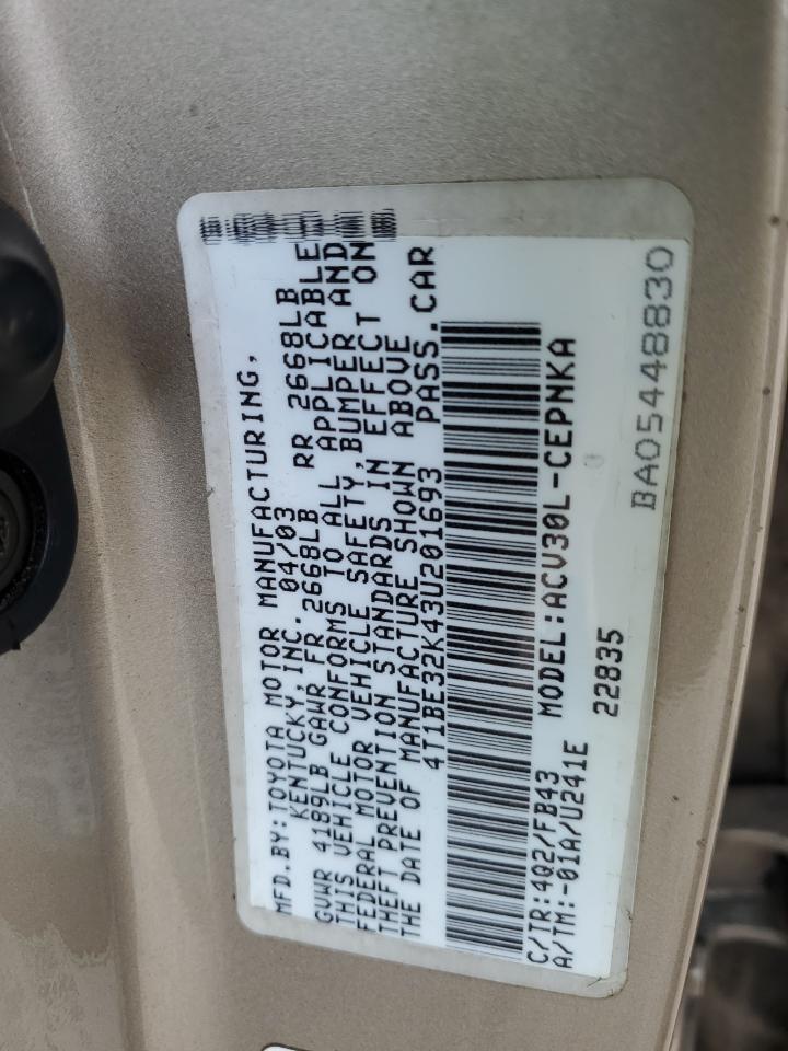 2003 Toyota Camry VIN 4T1BE32K43U201693 Copart auction photo, front end damage thumbnail 12