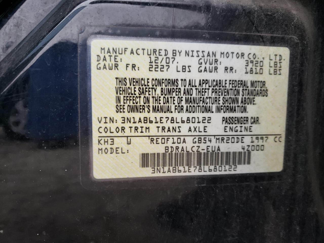 2008 Nissan Sentra VIN 3N1AB61E78L680122 Copart auction photo, all over damage thumbnail 12