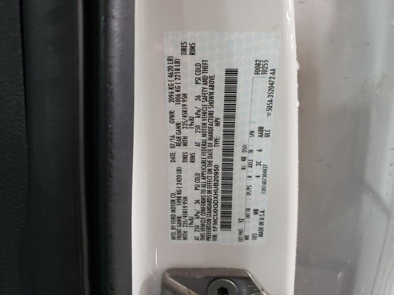 2017 Ford Escape VIN 1FMCU0GDXHUB20950 Copart auction photo, front end damage thumbnail 12