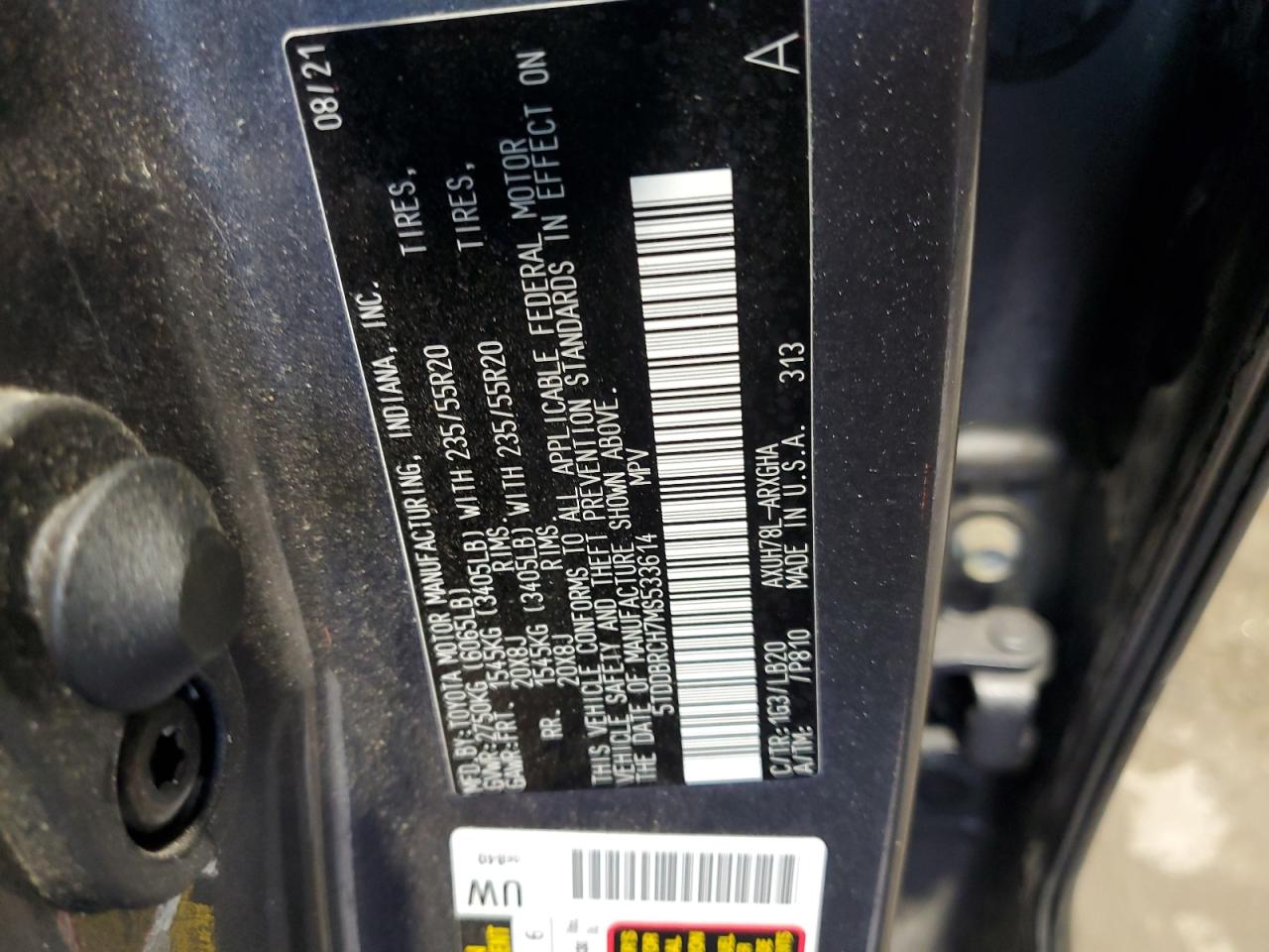 2021 Toyota Highlander VIN 5TDDBRCH7MS533614 Copart auction photo, front end damage thumbnail 13
