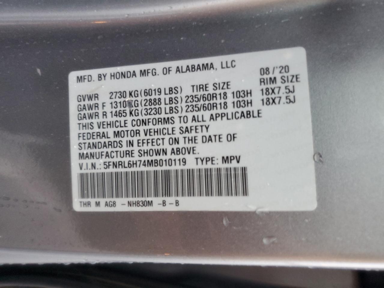 2021 Honda Odyssey VIN 5FNRL6H74MB010119 Copart auction photo, rear end damage thumbnail 13