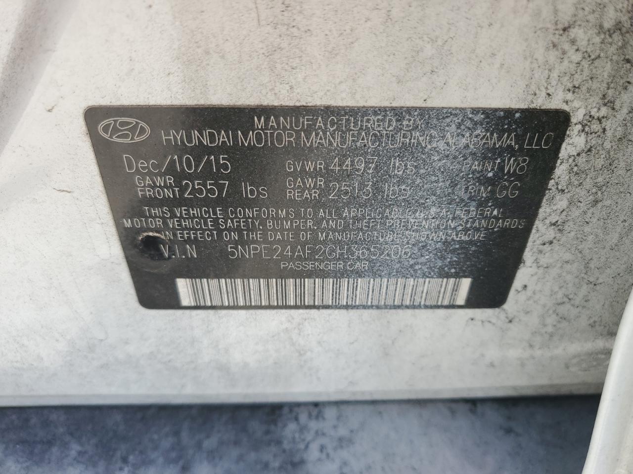 2016 Hyundai Sonata VIN 5NPE24AF2GH365206 Copart auction photo, front end / side damage thumbnail 14
