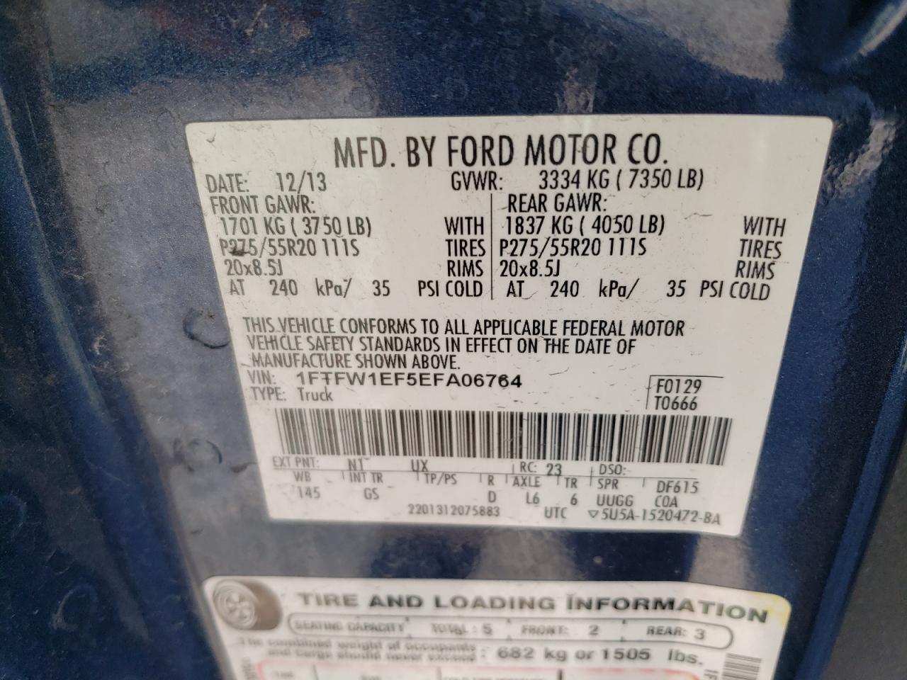 2014 Ford F-150 VIN 1FTFW1EF5EFA06764 Copart auction photo, rear end damage thumbnail 12