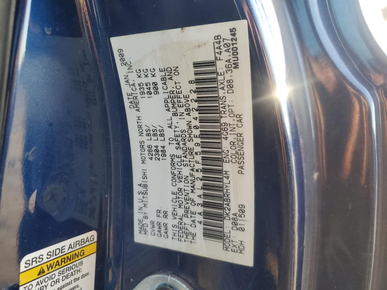 2009 Mitsubishi Eclipse VIN 4A3AL25F59E042228 Copart auction photo, front end damage thumbnail 14