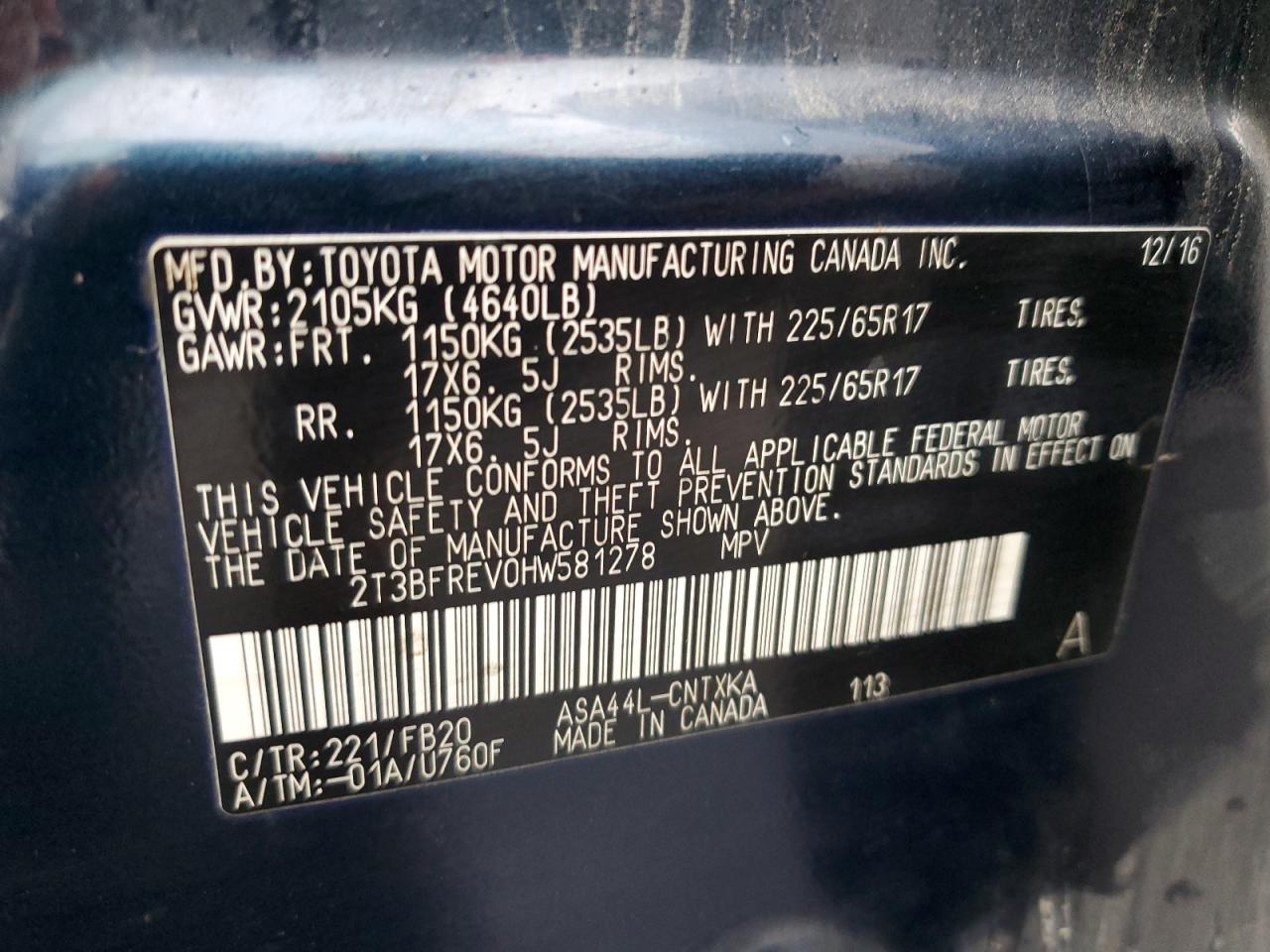 2017 Toyota RAV 4 VIN 2T3BFREV0HW581278 Copart auction photo, front end damage thumbnail 16
