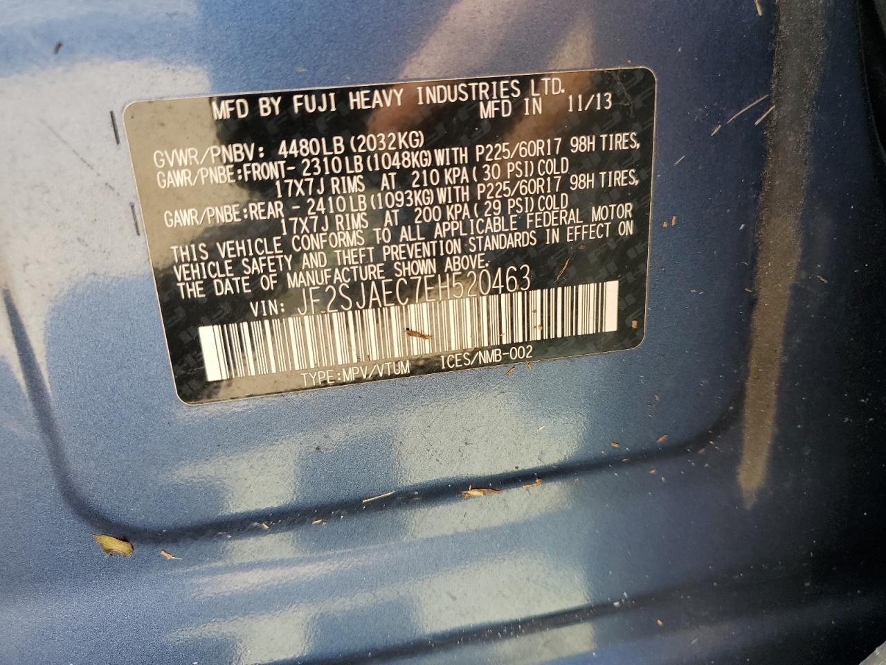 2014 Subaru Forester VIN JF2SJAEC7EH520463 Copart auction photo, water/flood damage thumbnail 13