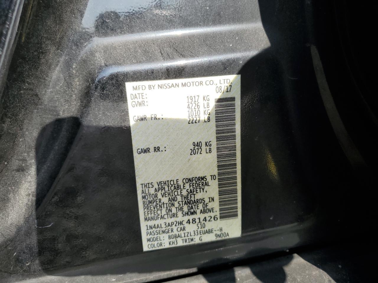 2017 Nissan Altima VIN 1N4AL3AP2HC481426 Copart auction photo, front end / undercarriage damage thumbnail 14
