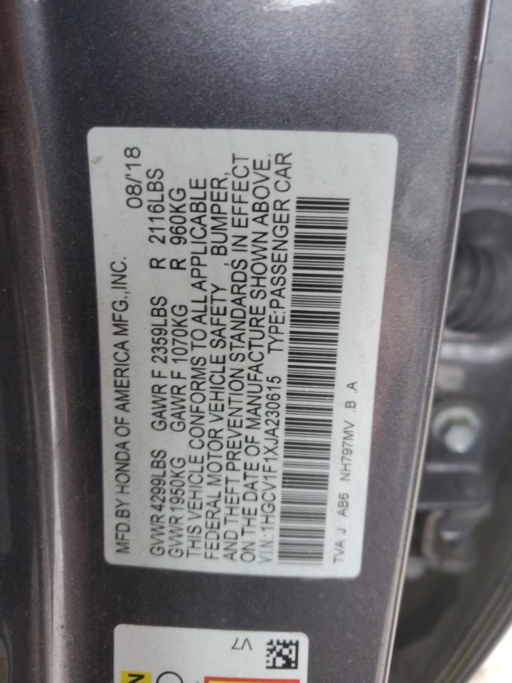 2018 Honda Accord VIN 1HGCV1F1XJA230615 Copart auction photo, all over damage thumbnail 13