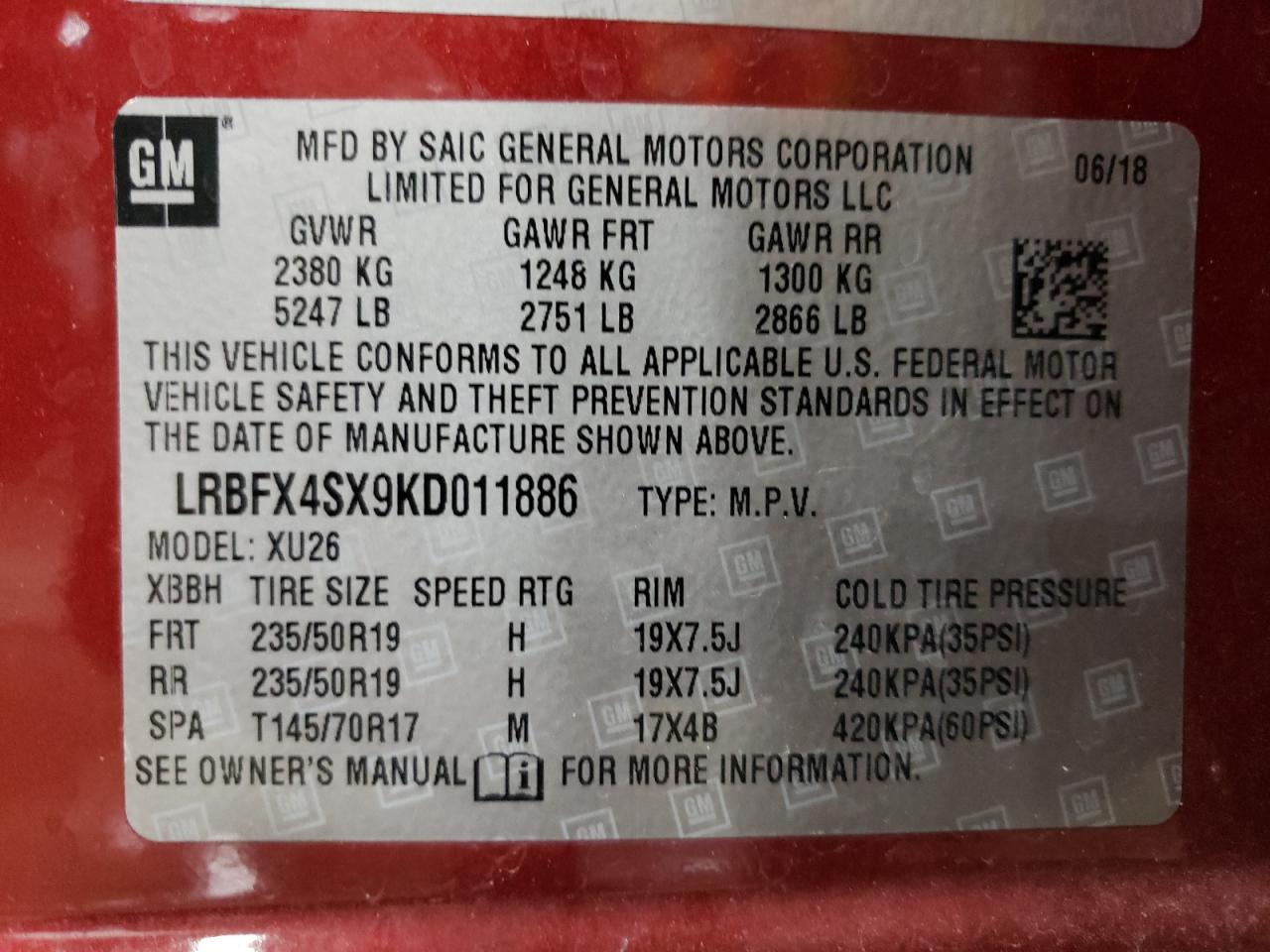 2019 Buick Envision VIN LRBFX4SX9KD011886 Copart auction photo, front end damage thumbnail 15