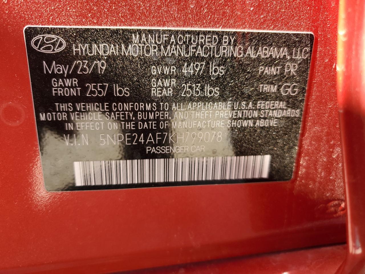 2019 Hyundai Sonata VIN 5NPE24AF7KH799078 Copart auction photo, vandalism / all over damage thumbnail 15