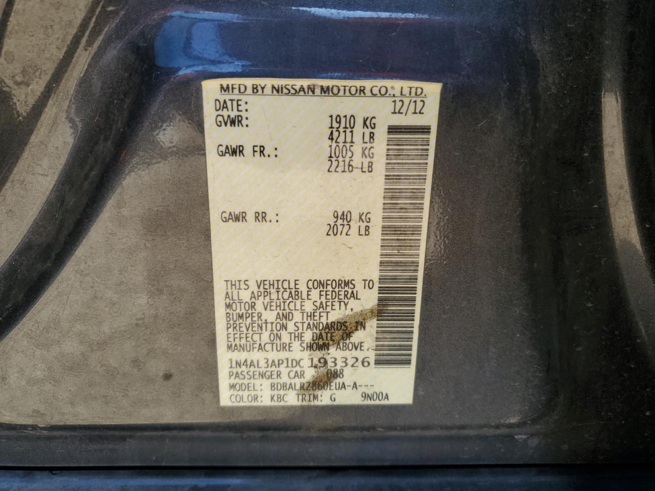 2013 Nissan Altima VIN 1N4AL3AP1DC193326 Copart auction photo, front end damage thumbnail 12