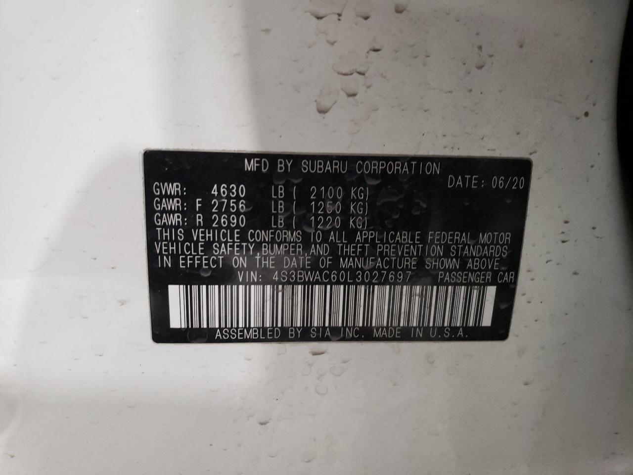 2020 Subaru Legacy VIN 4S3BWAC60L3027697 Copart auction photo, front end damage thumbnail 14