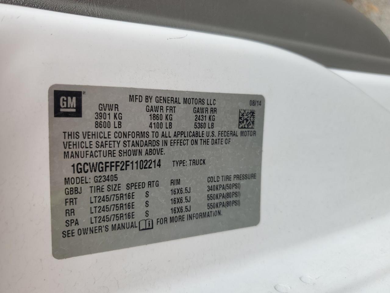 2015 Chevrolet Express VIN 1GCWGFFF2F1102214 Copart auction photo, top/roof damage thumbnail 13