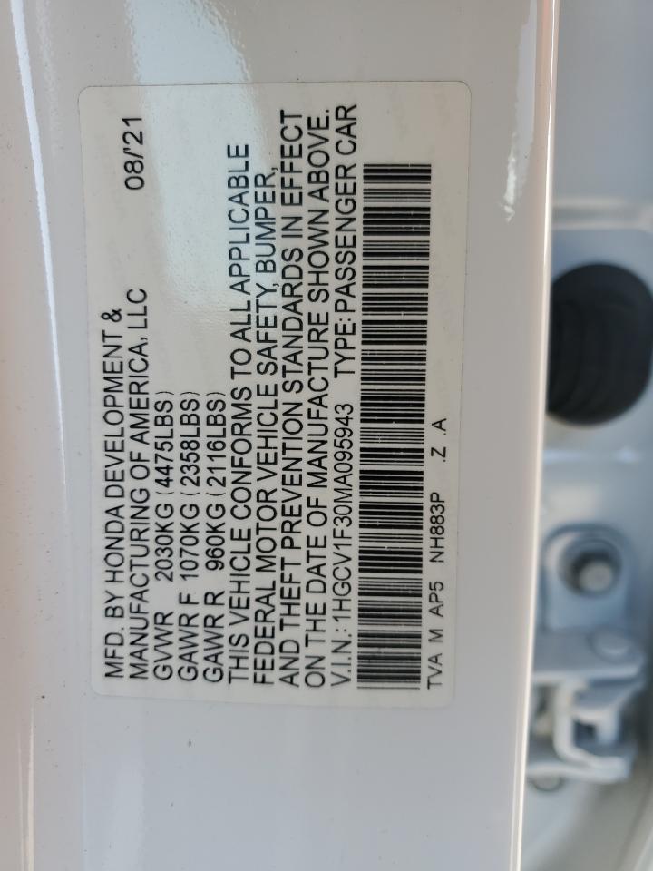 2021 Honda Accord VIN 1HGCV1F30MA095943 Copart auction photo, side / rear end damage thumbnail 12