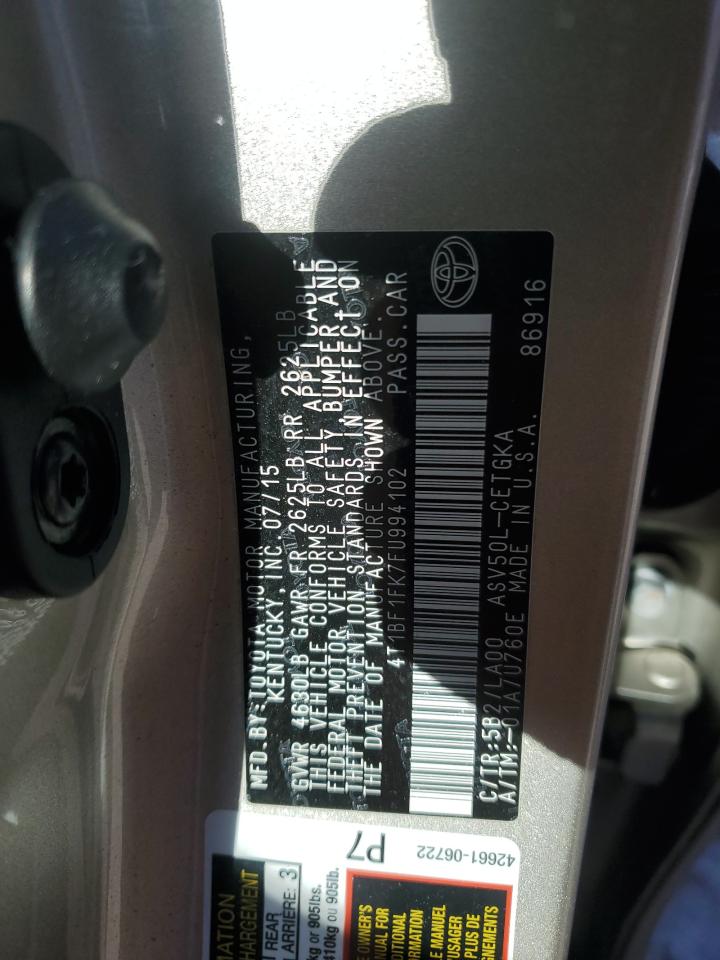 2015 Toyota Camry VIN 4T1BF1FK7FU994102 Copart auction photo, front end damage thumbnail 12