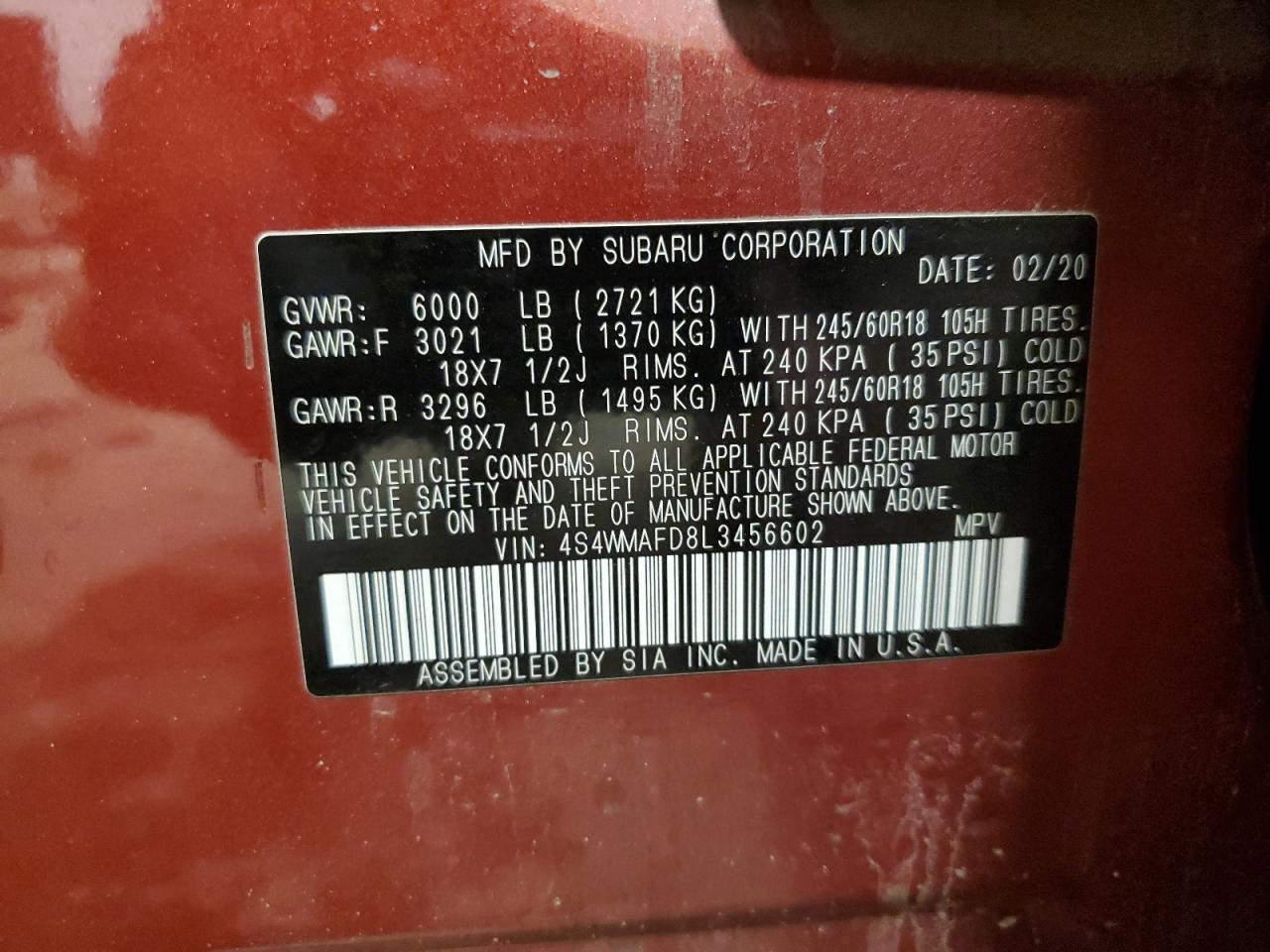 2020 Subaru Ascent VIN 4S4WMAFD8L3456602 Copart auction photo, side / minor dent/scratches damage thumbnail 13