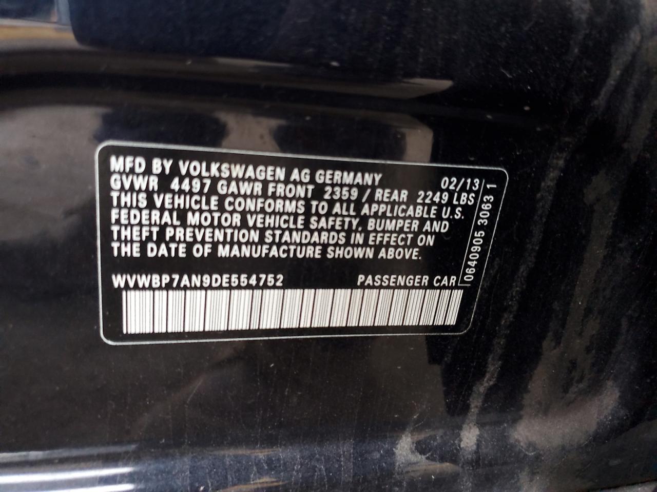 2013 Volkswagen Passat CC VIN WVWBP7AN9DE554752 Copart auction photo, rear end damage thumbnail 12