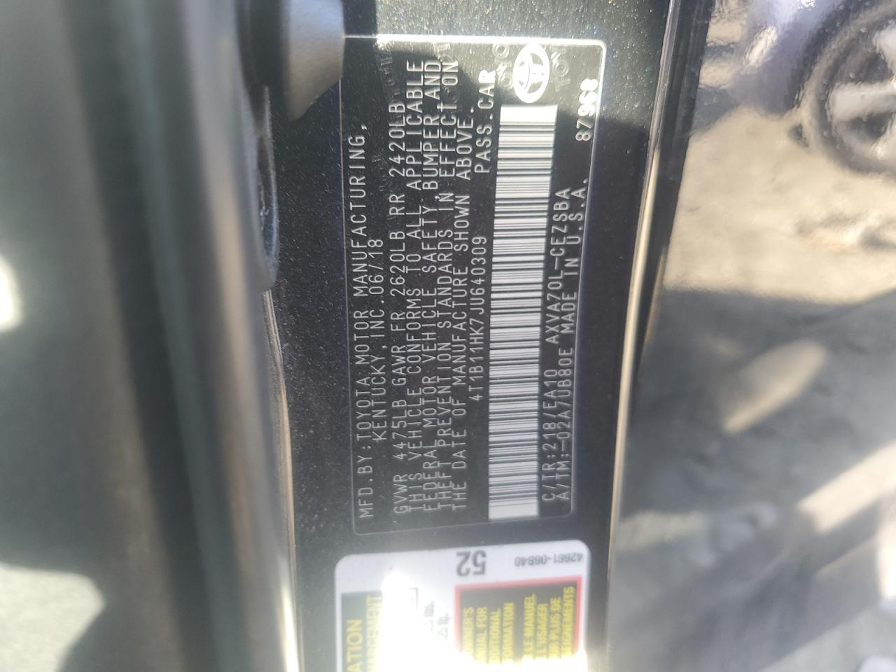 2018 Toyota Camry VIN 4T1B11HK7JU640309 Copart auction photo, front end / rear end damage thumbnail 13