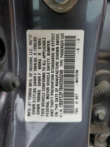 2017 Honda Civic VIN 19XFC2F78HE055249 Copart auction photo, all over / minor dent/scratches damage thumbnail 12