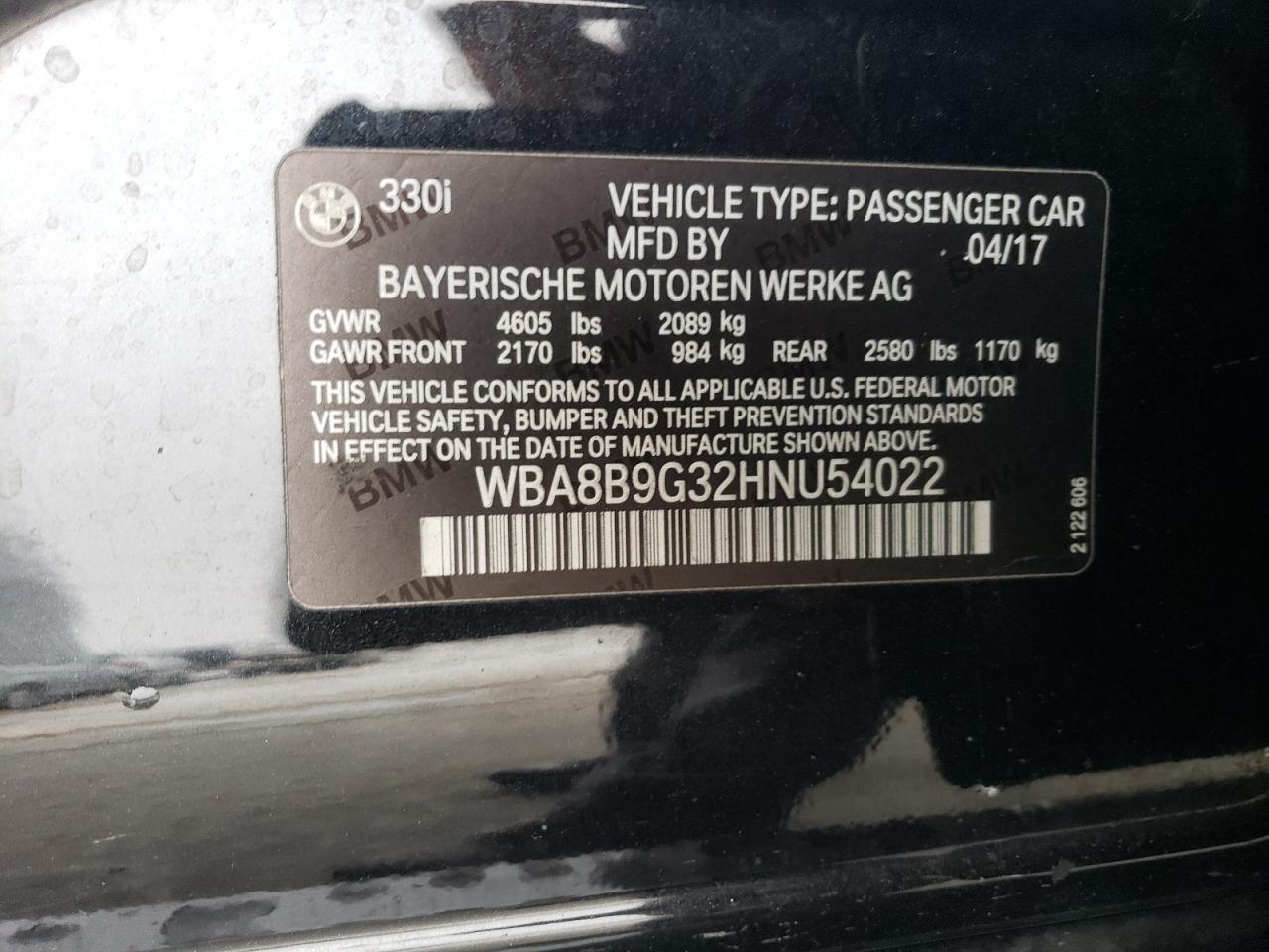2017 BMW 3er VIN WBA8B9G32HNU54022 Copart auction photo, front end damage thumbnail 12