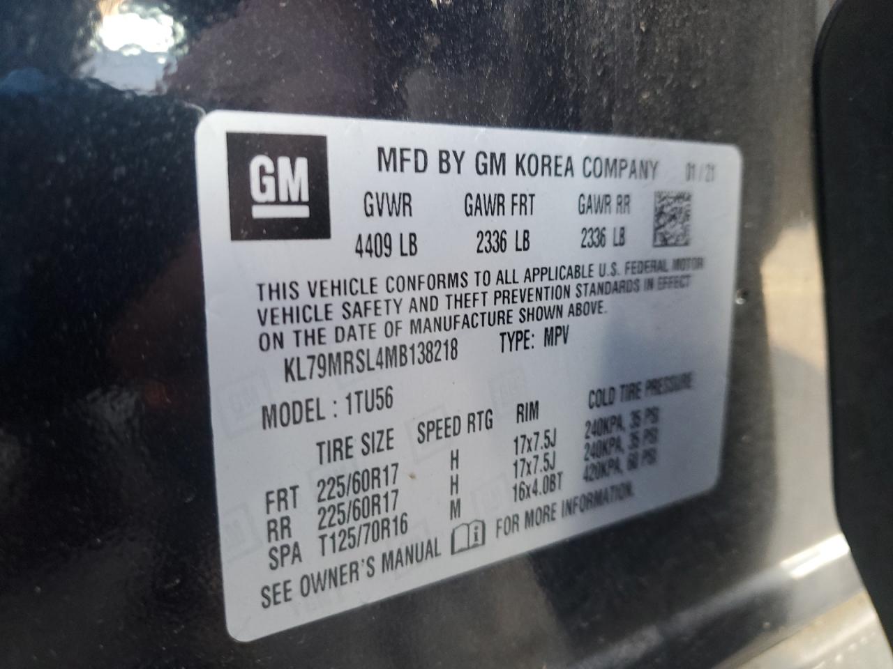 2021 Chevrolet TrailBlazer VIN KL79MRSL4MB138218 Copart auction photo, front end / side damage thumbnail 15