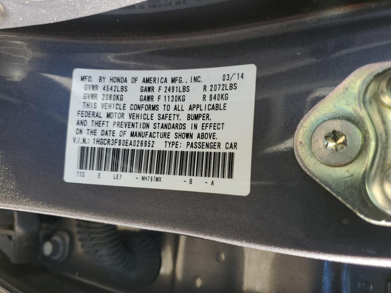 2014 Honda Accord VIN 1HGCR3F90EA026952 Copart auction photo, front end damage thumbnail 13