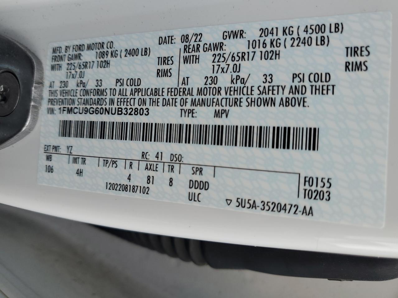 2022 Ford Escape VIN 1FMCU9G60NUB32803 Copart auction photo, front end damage thumbnail 14