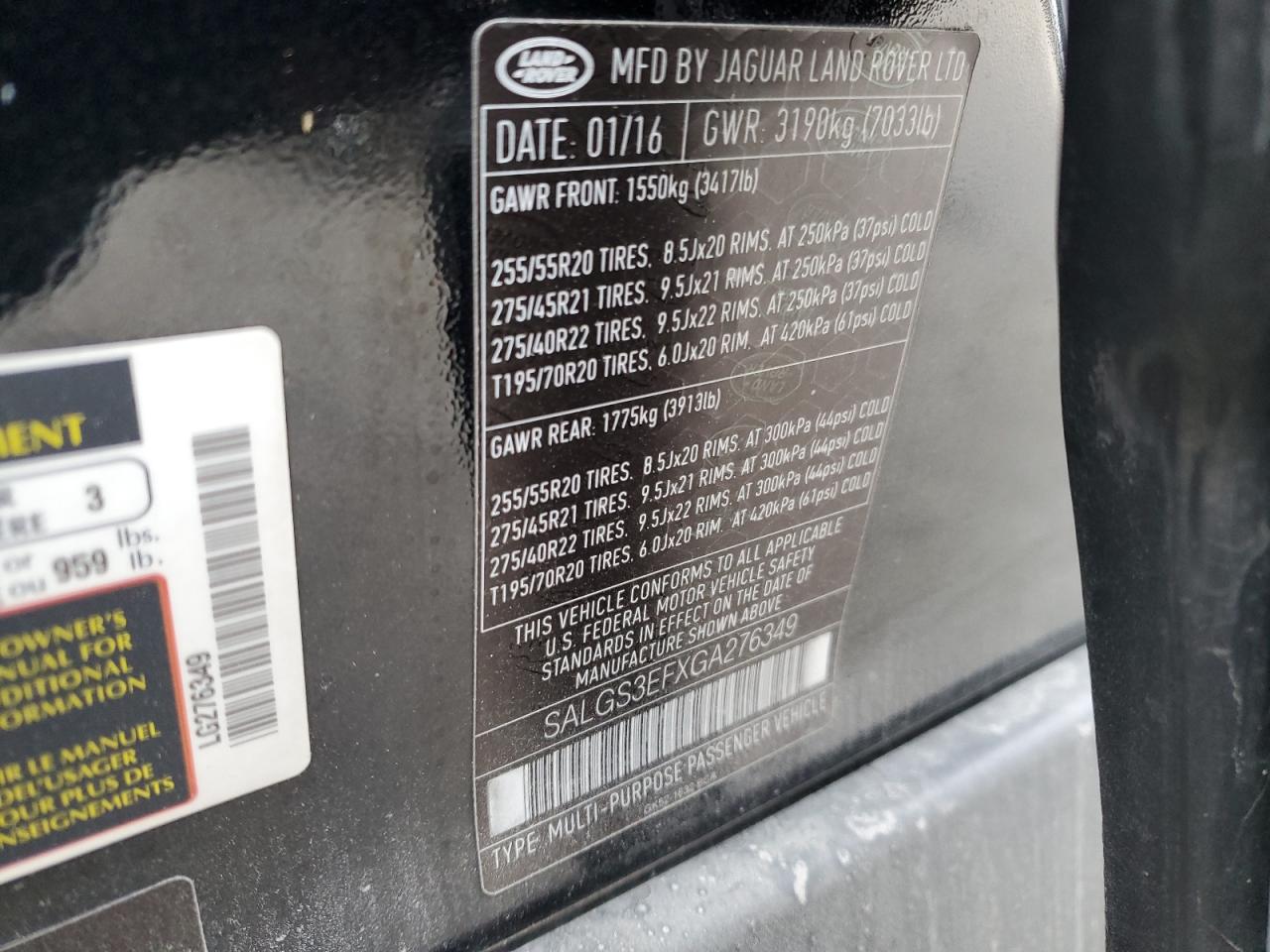 2016 Land Rover Range Rover VIN SALGS3EFXGA276349 Copart auction photo, side / front end damage thumbnail 15