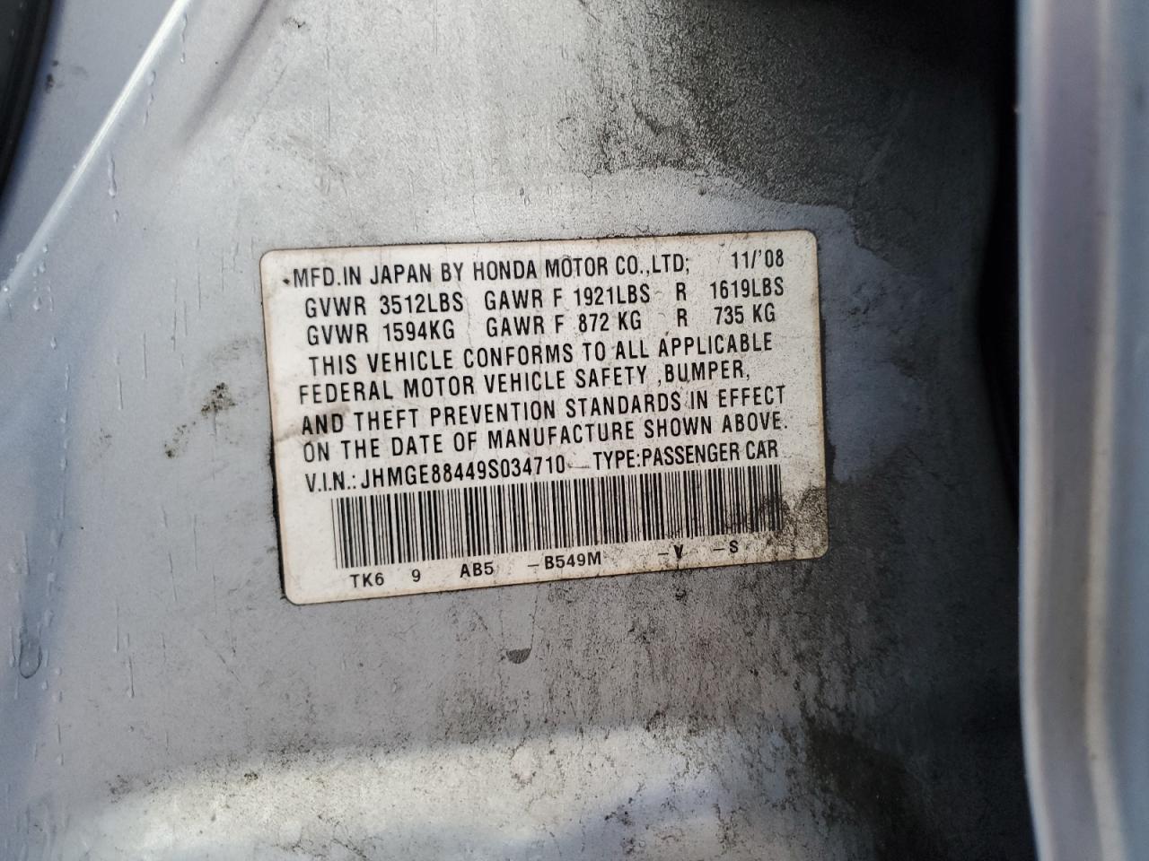 2009 Honda Fit VIN JHMGE88449S034710 Copart auction photo, all over damage thumbnail 14