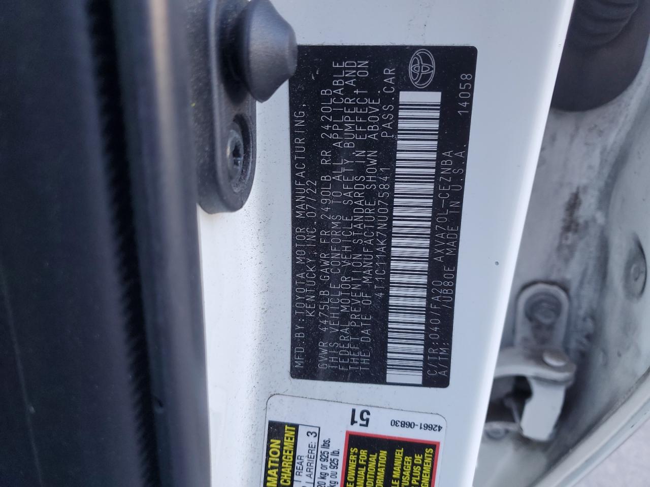 2022 Toyota Camry VIN 4T1C11AK7NU075841 Copart auction photo, front end damage thumbnail 12