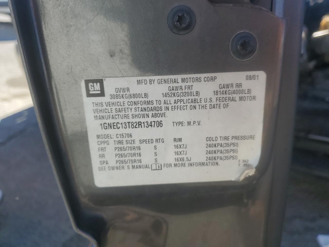 2002 Chevrolet Tahoe VIN 1GNEC13T82R134706 Copart auction photo, burn damage thumbnail 13