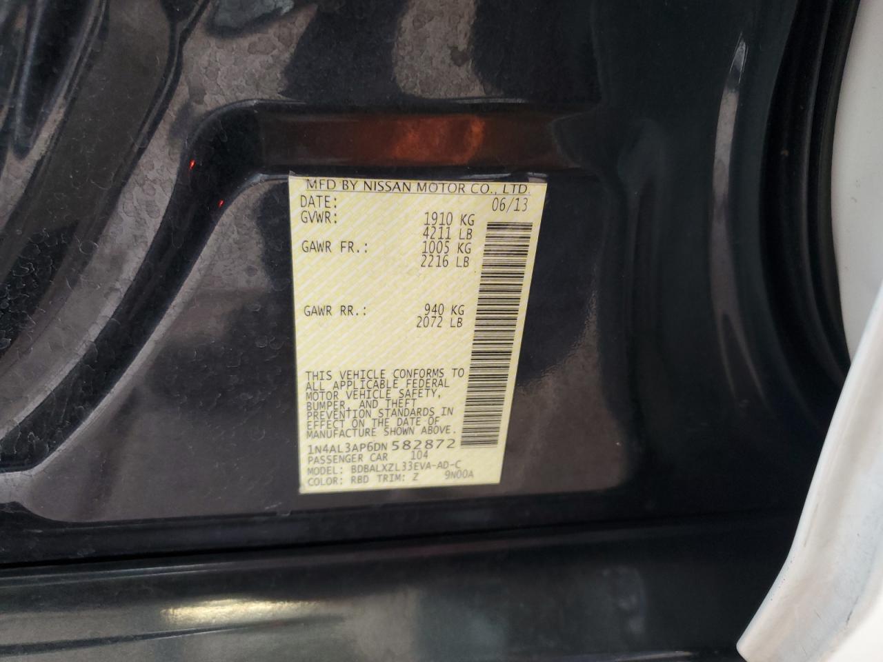 2013 Nissan Altima VIN 1N4AL3AP6DN582872 Copart auction photo, rear end damage thumbnail 12