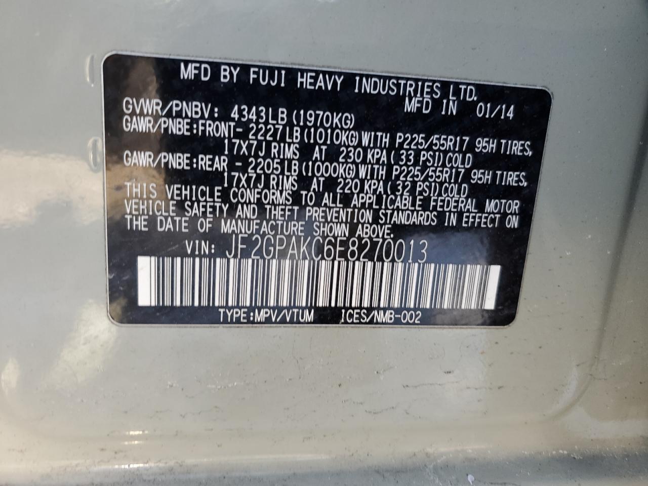 2014 Subaru XV VIN JF2GPAKC6E8270013 Copart auction photo, front end damage thumbnail 12