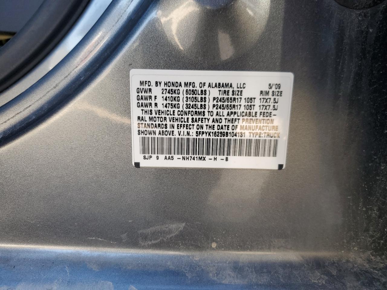 2009 Honda Ridgeline VIN 5FPYK16259B104131 Copart auction photo, front end damage thumbnail 14
