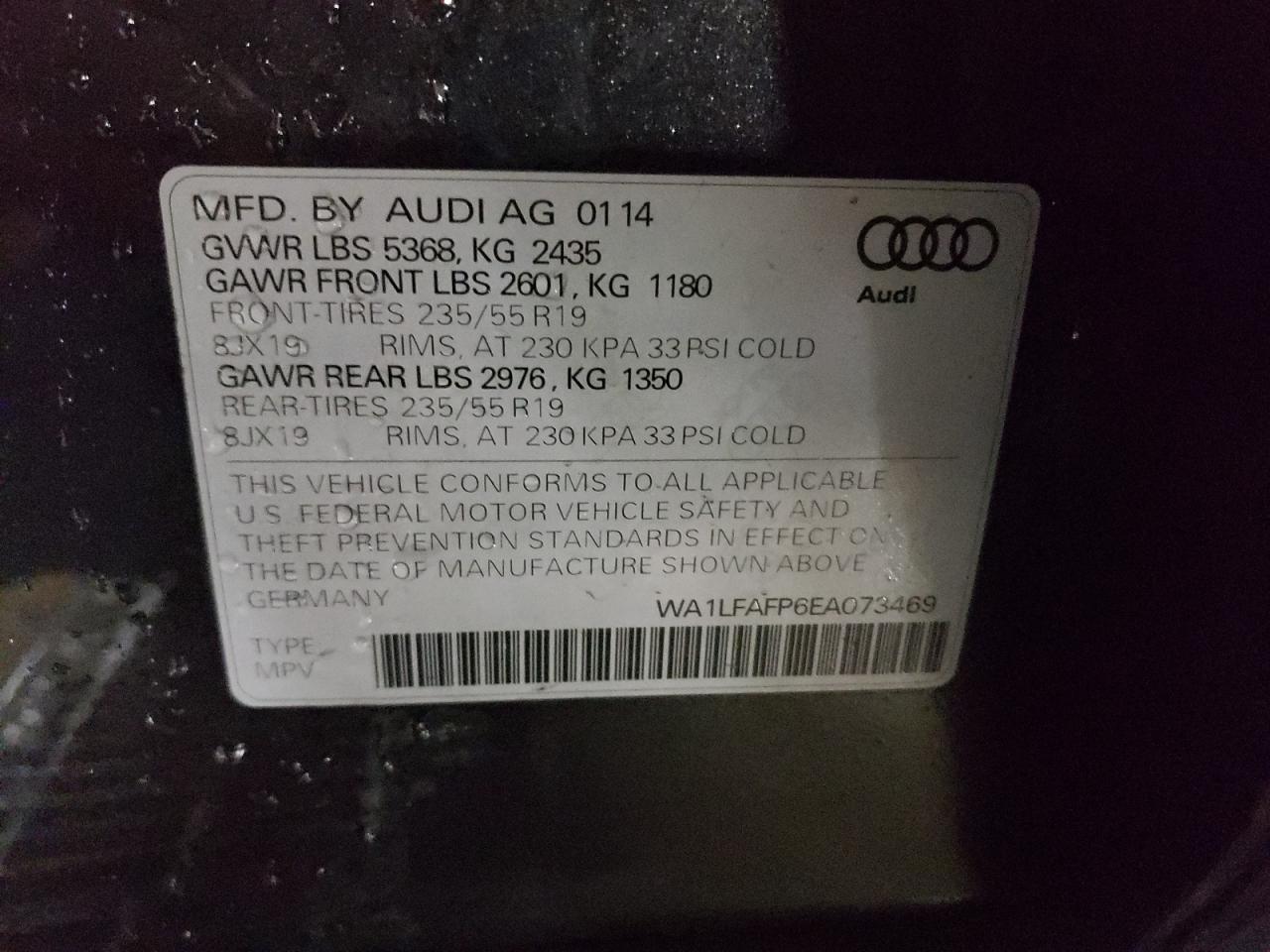 2014 Audi Q5 VIN WA1LFAFP6EA073469 Copart auction photo, rear end / front end damage thumbnail 14