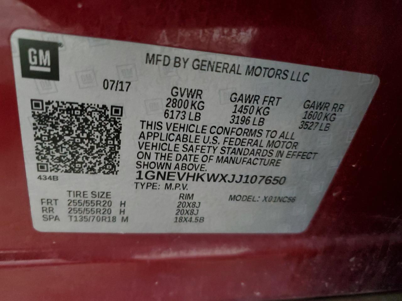 2018 Chevrolet Traverse VIN 1GNEVHKWXJJ107650 Copart auction photo, hail damage thumbnail 13