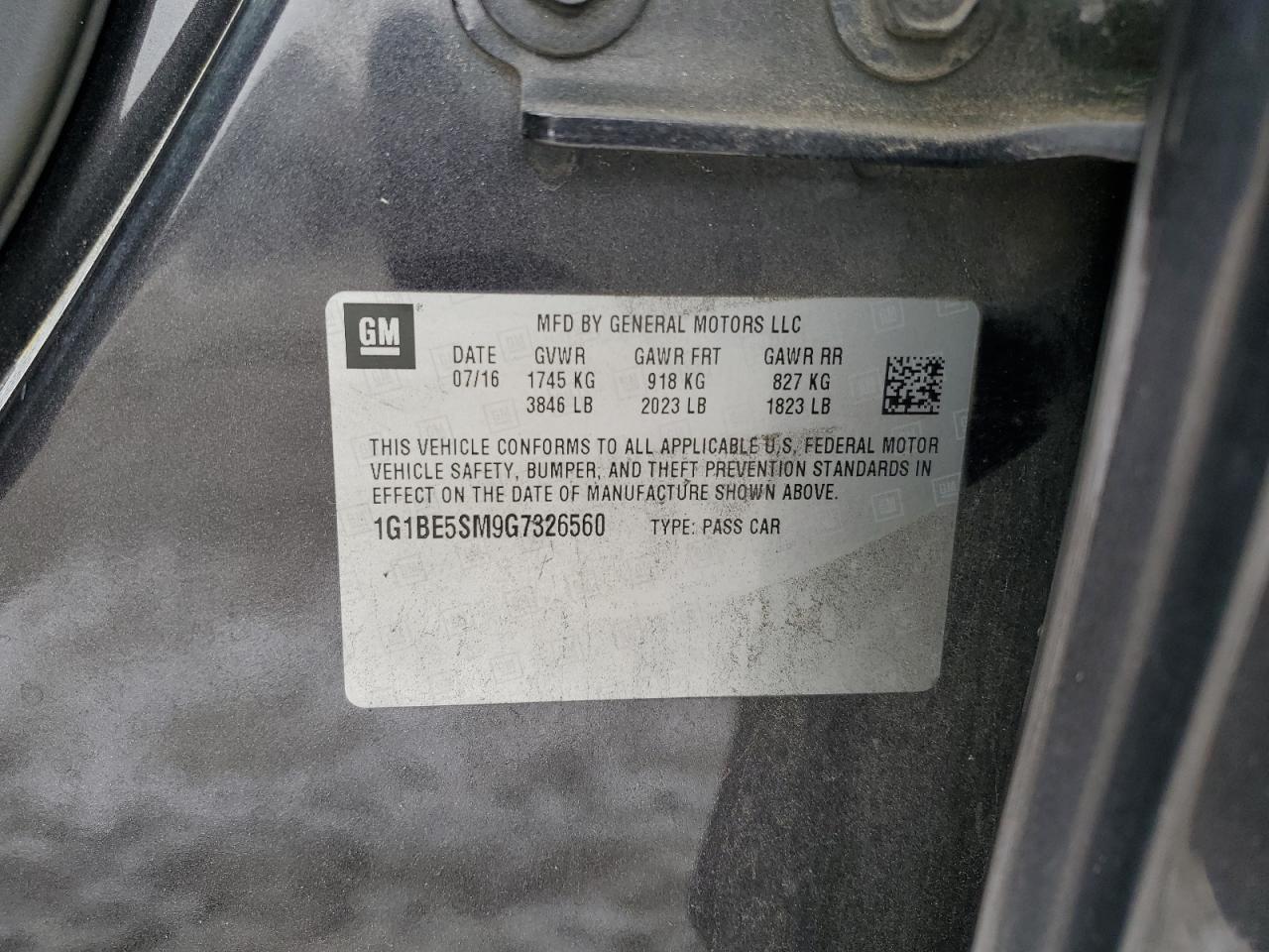 2016 Chevrolet Cruze VIN 1G1BE5SM9G7326560 Copart auction photo, rear end / minor dent/scratches damage thumbnail 13