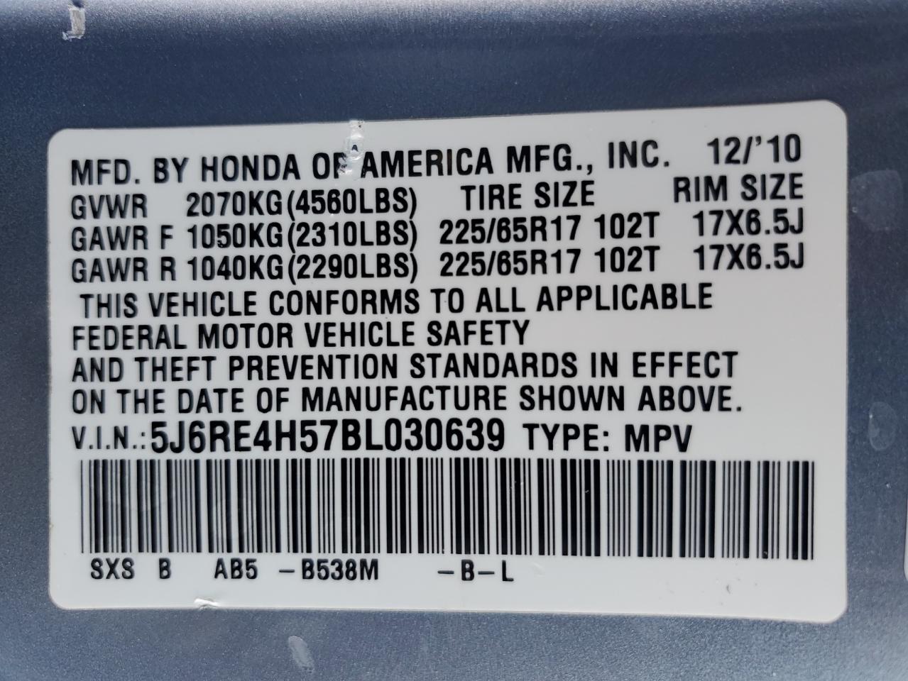 2011 Honda CR-V VIN 5J6RE4H57BL030639 Copart auction photo, front end damage thumbnail 15