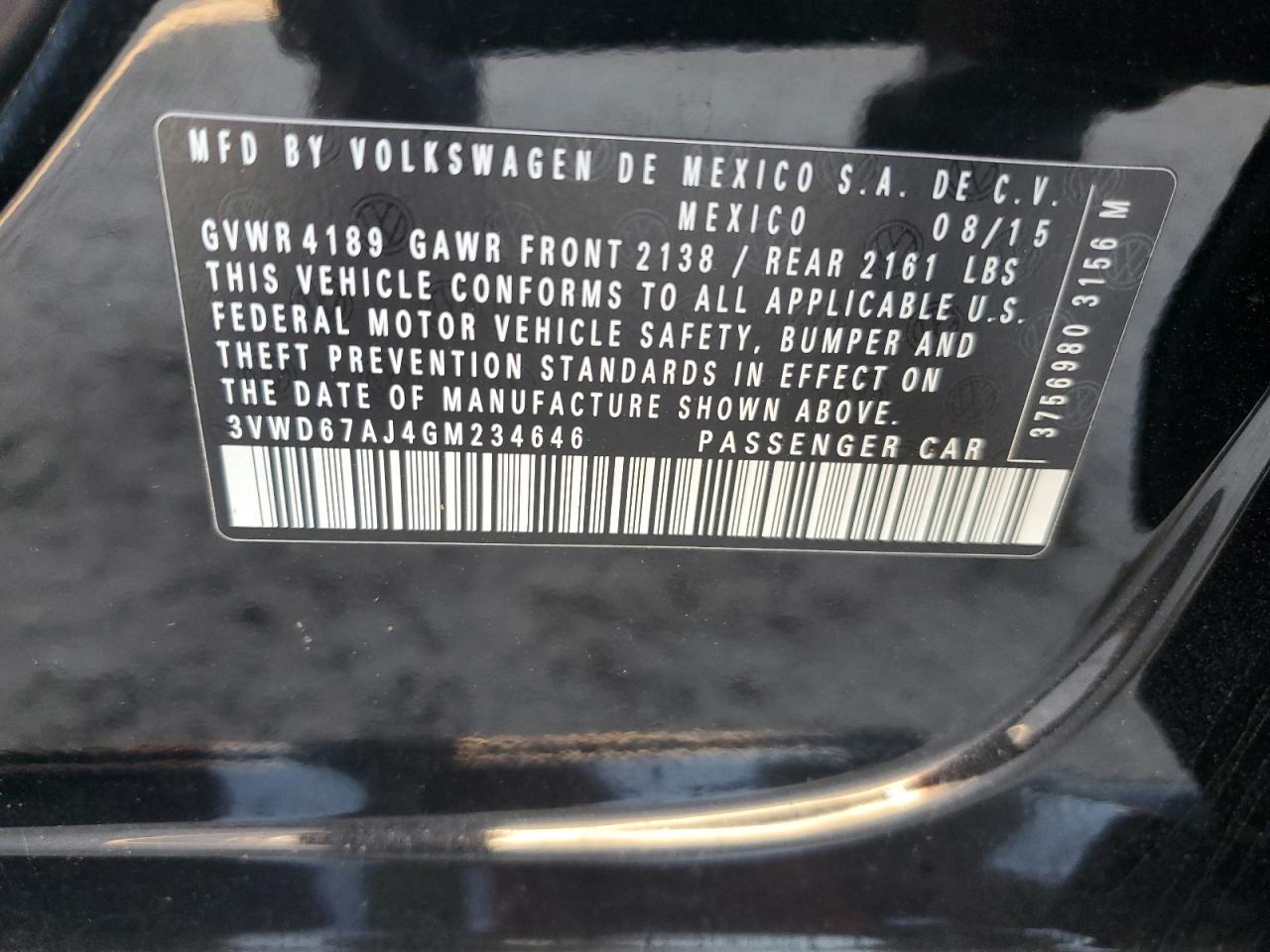 2016 Volkswagen Jetta VIN 3VWD67AJ4GM234646 Copart auction photo, rear end damage thumbnail 12