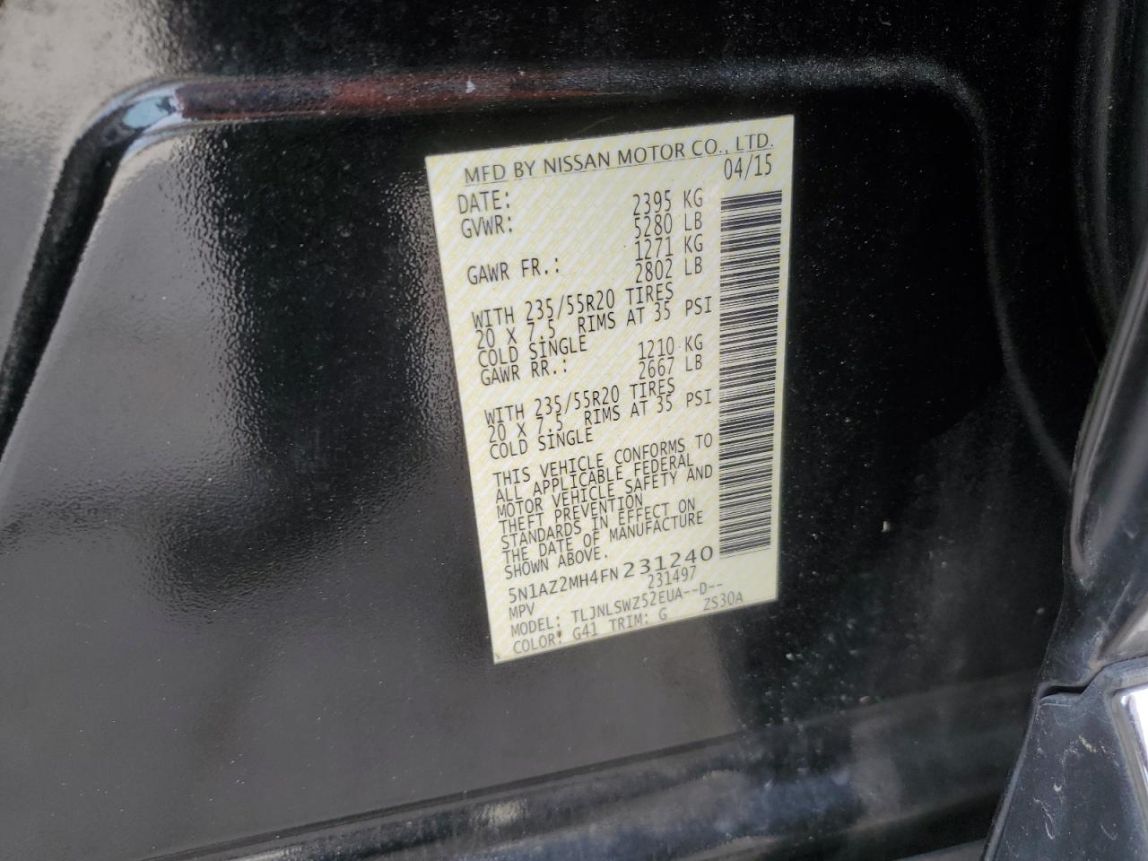 2015 Nissan Murano VIN 5N1AZ2MH4FN231240 Copart auction photo, front end / side damage thumbnail 14